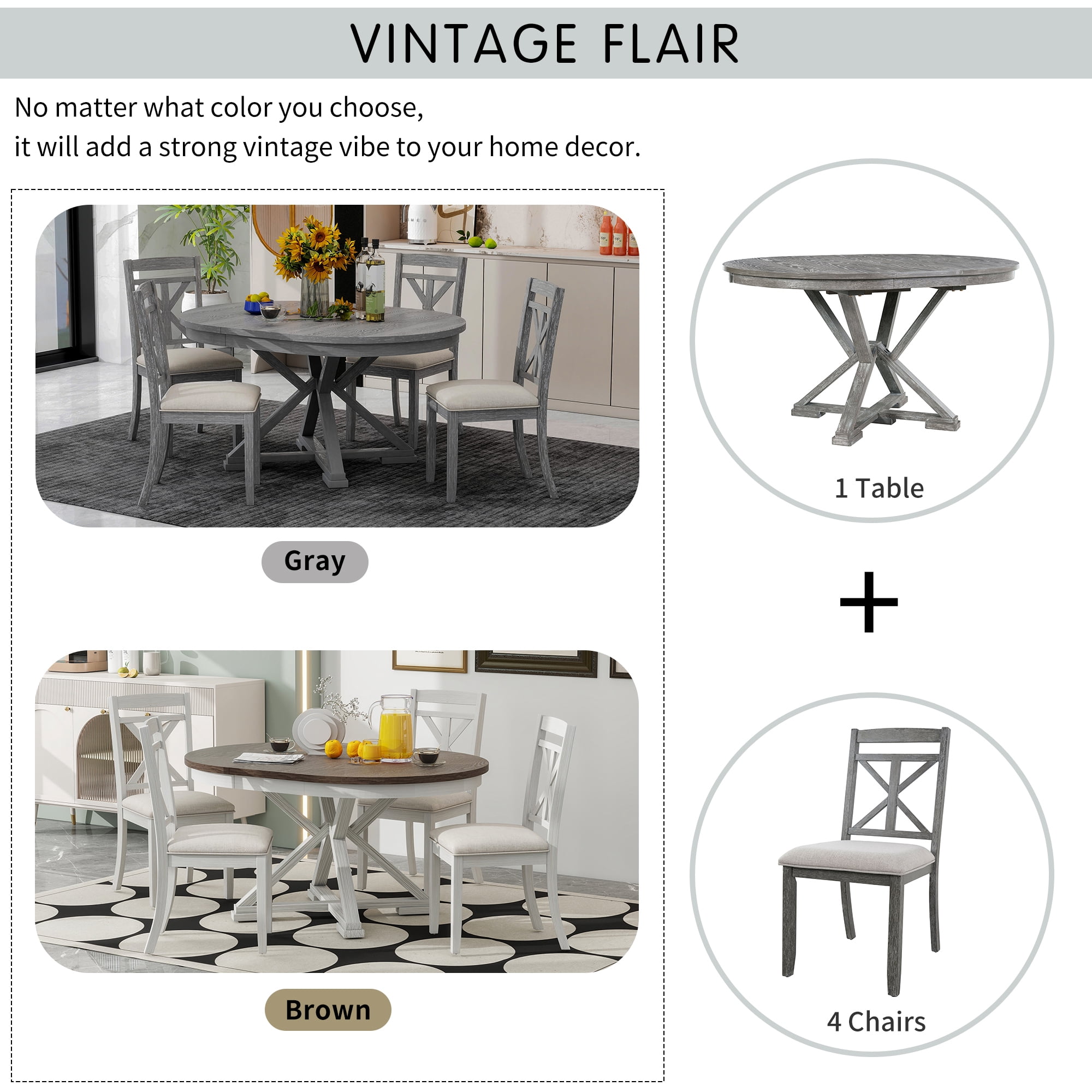 Euroco 5-Piece Retro Dining Table Set with Extendable Round Dining Table and 4 Upholstered Chairs for Dining Room and Living Room,Grey