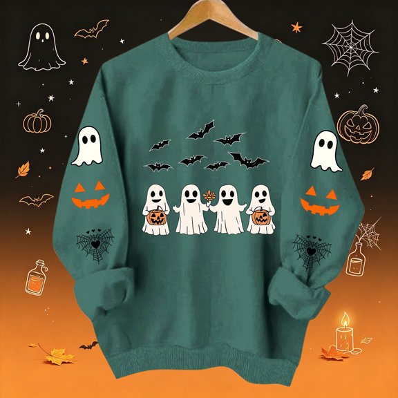 Molidfa Women's Black Halloween Sweatshirt Ghost Squad Graphic Crew Neck Top