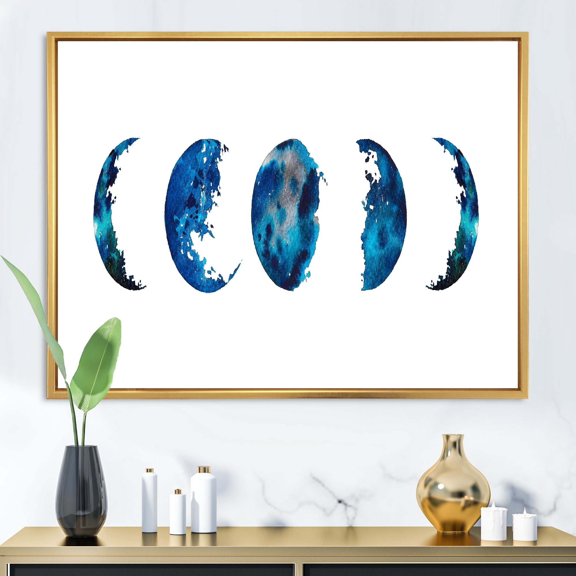 Designart 'Blue Moon Different Phases' Bohemian & Eclectic Framed Canvas Wall Art Print