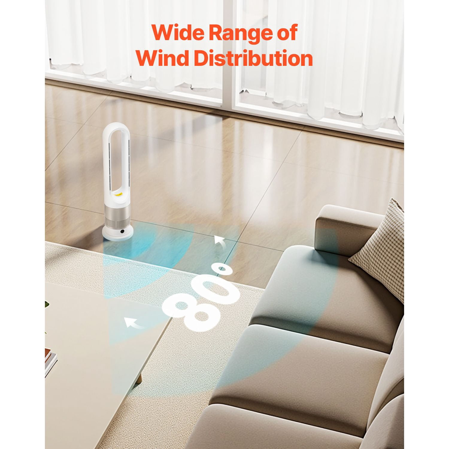 Bladeless Tower Fan with 8 Speeds, 3 Heat Levels, 80° Oscillation, 9H Timer, Remote Control, for Bedroom Office Home