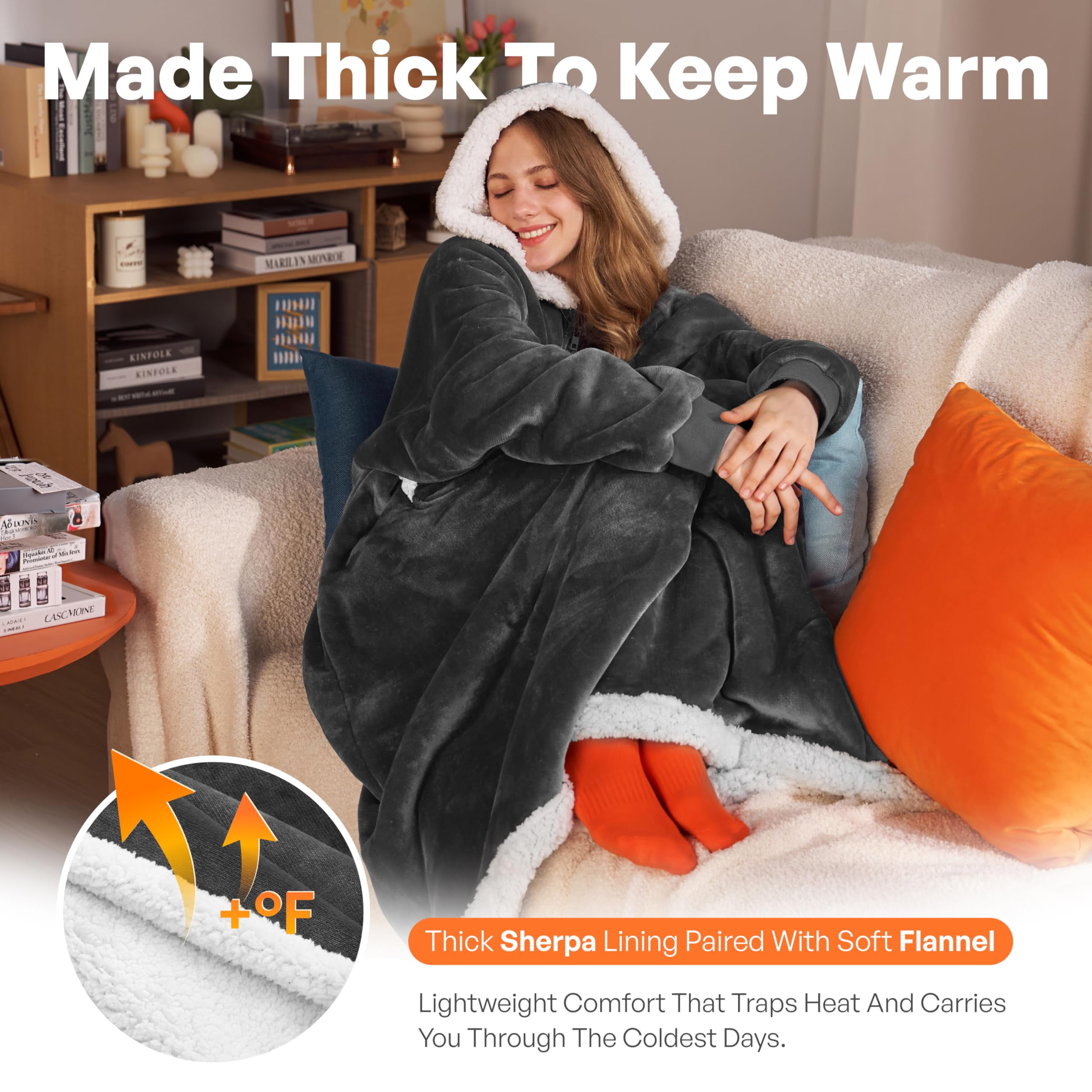 Joyfy Wearable Blanket Hoodie, Long Hooded Blanket Sweatshirt, Oversize Hoodie for Women and Men,Clothing Gift for Women Men Mom Dad,Giant Hood Pocket and Sleeves for Adult(Dark Grey,Oversize)
