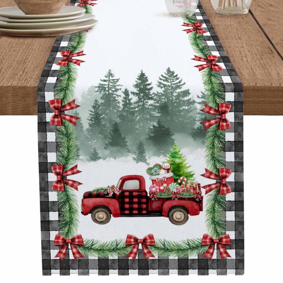 nqOlkjepod Christmas Red Truck Table Runner 70 Inches Long Farmhouse Dress Scarves, Xmas Tree Snowman Winter Gifts Plaid Dining Tablerunner for Coffee Table/Kitchen Island/Party Décor, 13" x 70"