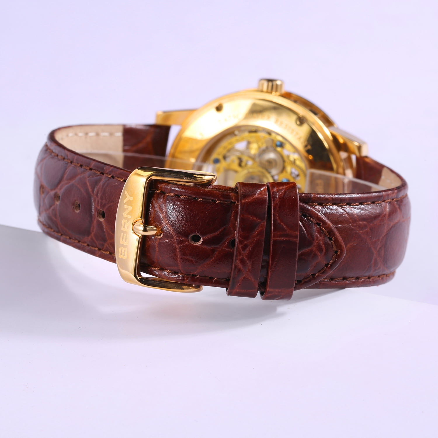 BERNY Automatic Watches for Men, Luxury Skeleton Mechanical Watch Self Winding Carved, Exhibition Caseback, Luminous, 5ATM Waterproof, Stainless Steel, Vintage Men's Leather Watch (Gold)