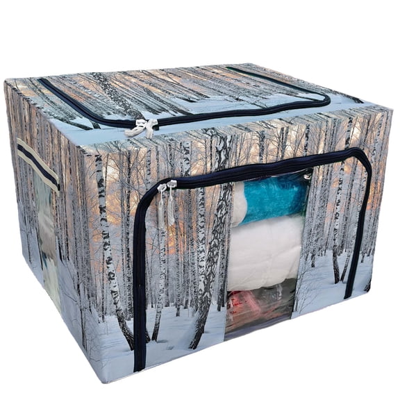 PKQWTM Birch Tree Trunks White Snow Winter Sunin The Birchwood Pink Sunlight Storage Bag Clear Window Storage Bins Boxes Large Capacity Foldable Stackable Organizer With Steel Metal Frame