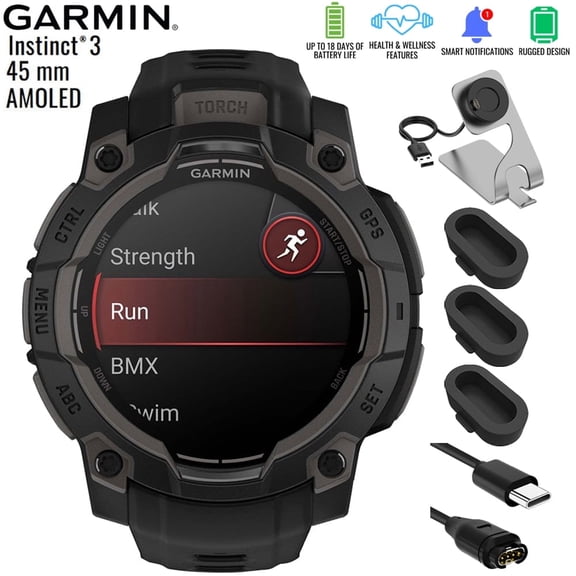 Garmin 010-02936-00 Instinct 3 - 45 mm Outdoor GPS Smartwatch AMOLED Black with Black Band Bundle with Charging Dock, Silicone Dust Cover 3 Pack and USB Type C Charging and Sync Cable