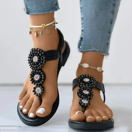 

FZM Women shoes Womens Wedges Sandals Elastic Ankle Strap Casual Beach Shoes Slingback Toe Post Bohemian Beaded Sandals