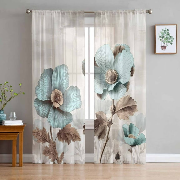 Tulip Flower Semi Sheer Curtains 63 Inch Length 2 Panels Set, Teal Brown Vintage Floral Plant Botanical Sheer Kitchen Curtain Privacy Voile Window Curtain for Living Room Bedroom Rod Pocket Drapes