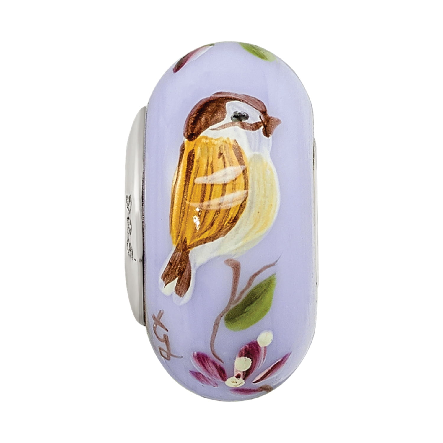 Ster.Silver Reflections Hand Painted Sparrow Fenton Glass Bead