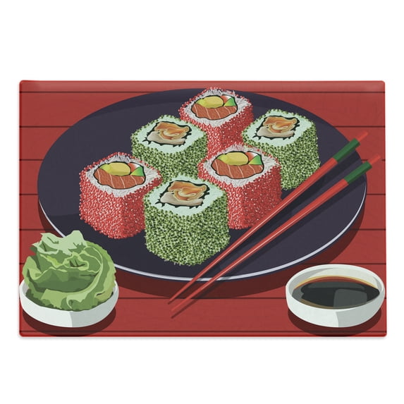Wasabi Cutting Board, Soy Sauce and Delicious Sushi Plate with Chopsticks Cartoon Composition, Decorative Tempered Glass Cutting and Serving Board, in 3 Sizes, by Ambesonne