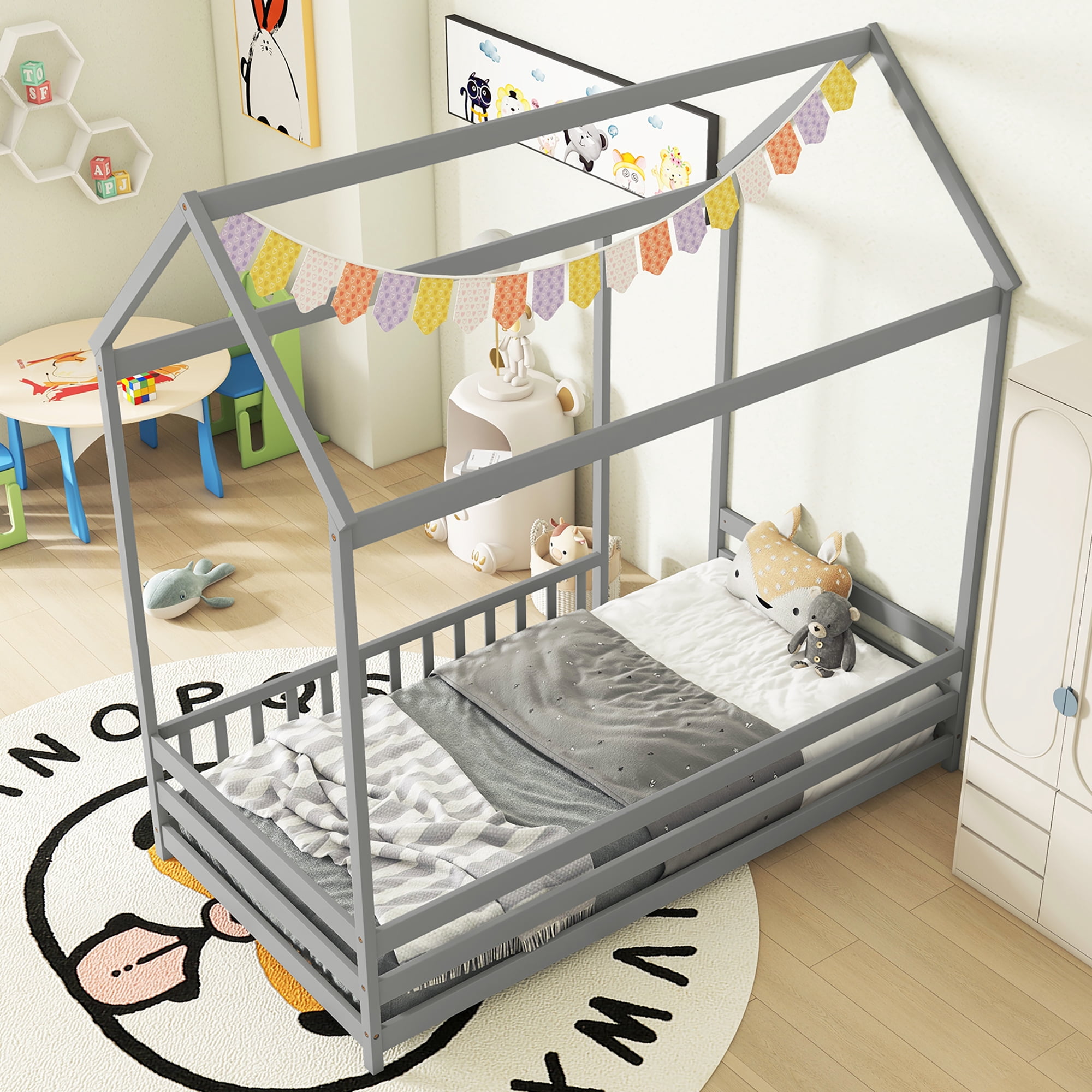 Gymax Twin Size House Bed w/ Roof & Full-length Safety Guardrail Playhouse Bed Frame Grey