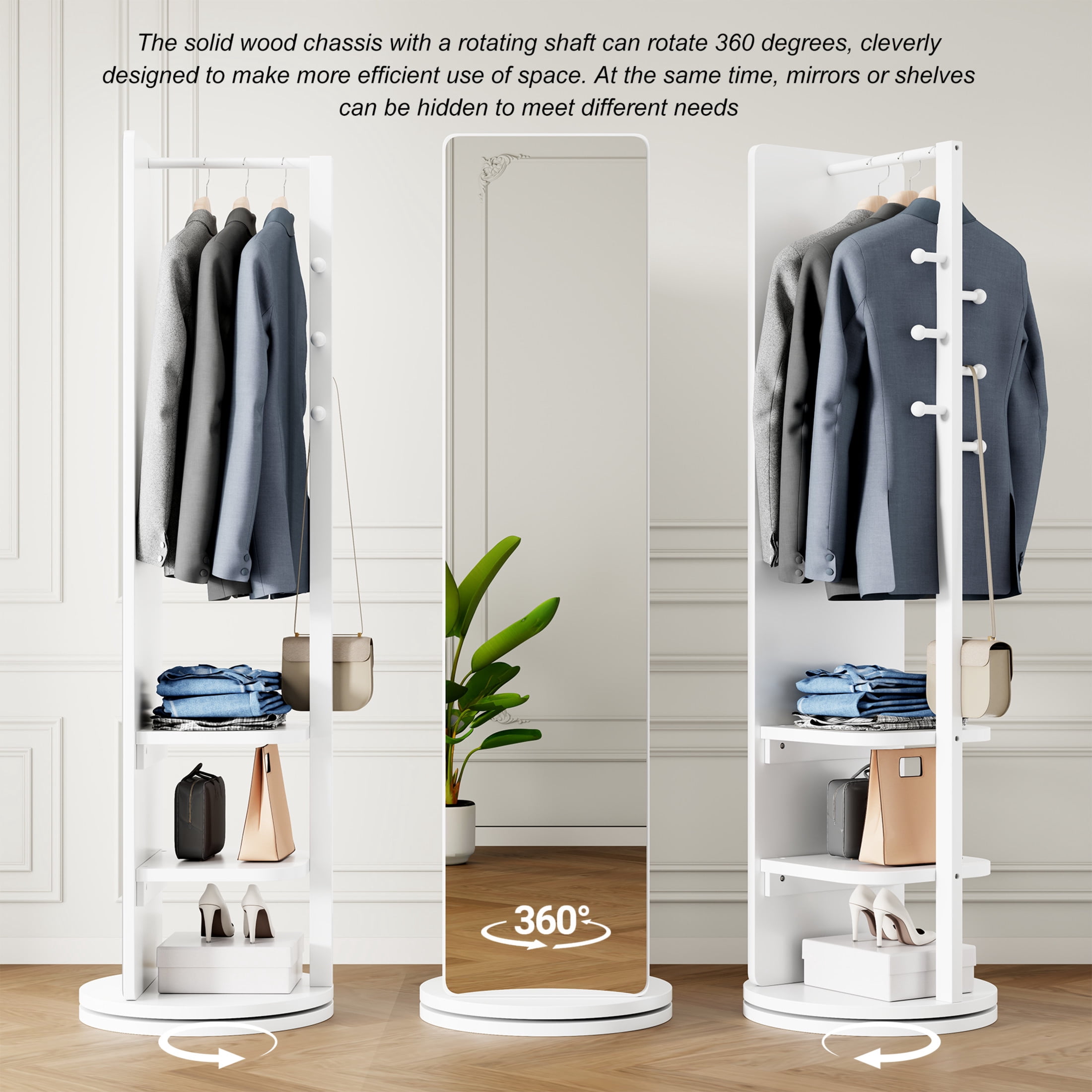 Noble House Gunther 360° Rotating Full-Length Mirror Coat Rack, Solid Rubberwood, for Small Space, Large, White