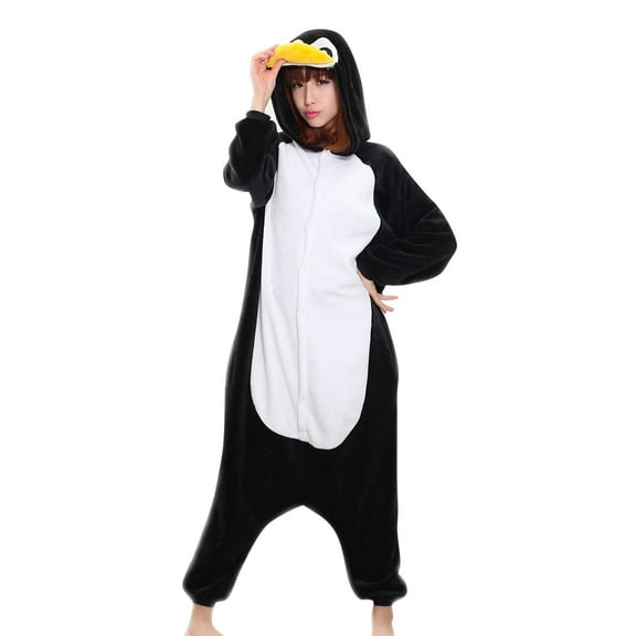 One-Piece Pajama For Men Women Autumn Winter Flannel Lovers Casual Home Cloths Cute Penguin Design Zip Closure And Hood 4 Sizes 145Cm-185Cm