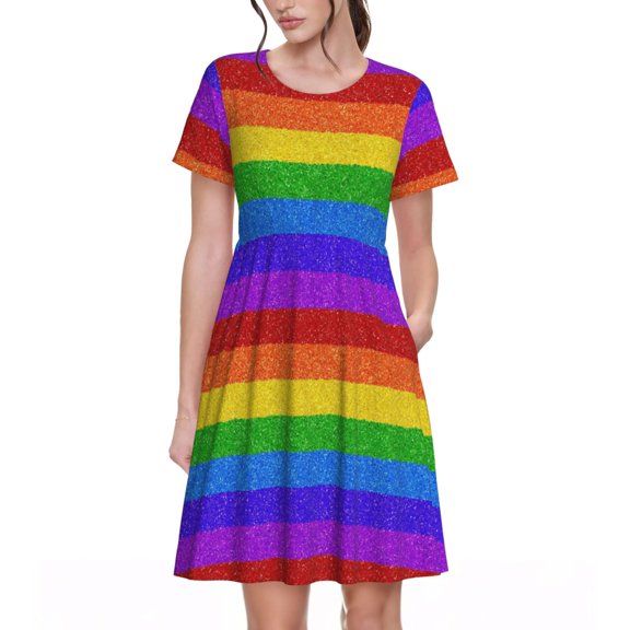 Defioc Colorful Glitter Rainbow Pattern Womens Summer Dresses Short Sleeve Sundress 2025 Beach Vacation Dresses with Pockets -Small