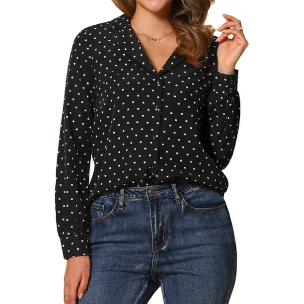 INSPIRAR CHIC Camisas de Manga Larga Estampadas de los Años 50 para Mujeres con Lunares de Corazón M Negro Corazón