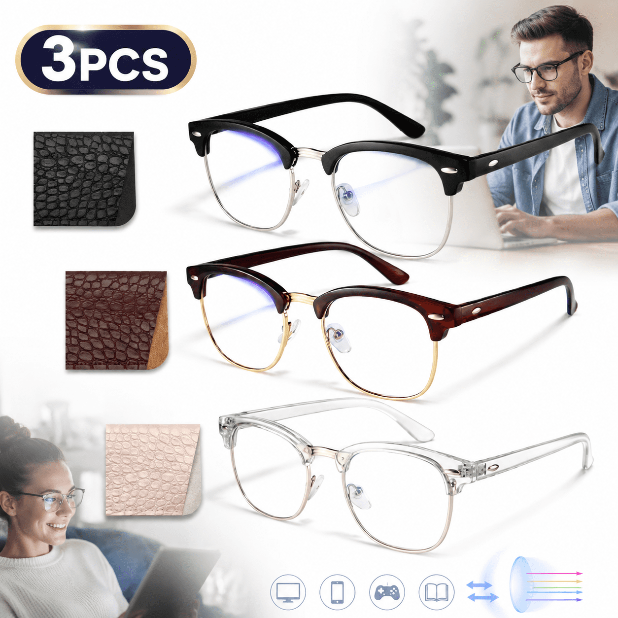 Emlimny Computer Blue Light Blocking Glasses 3 Pack Blue Light Glasses Men Women, Anti Blu-Ray Clear Gaming Glasses Lenses Lightweight Blue Light Blocking Reading Glasses ﻿
