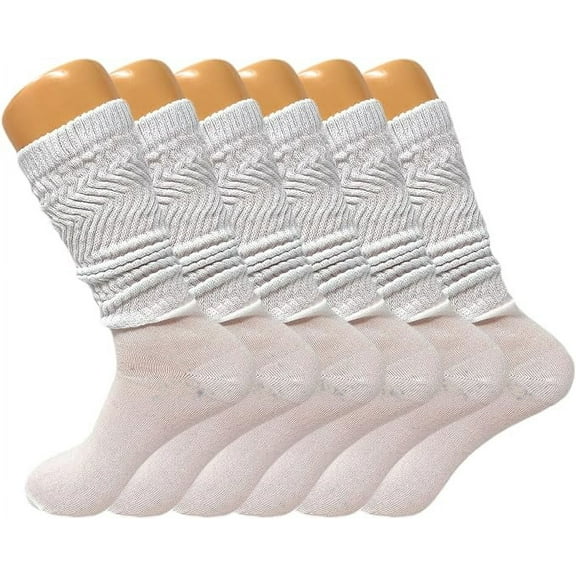 6 Pairs Lightweight Slouch Knee High Socks with Thin Sole (White)