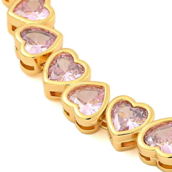 Rack Plating Brass Pave Cubic Zirconia Heart Link Bracelets Long-Lasting Plated Lead Free & Cadmium Free Real 18K golden Plated Pink 7-5/8 inch(19.5cm)