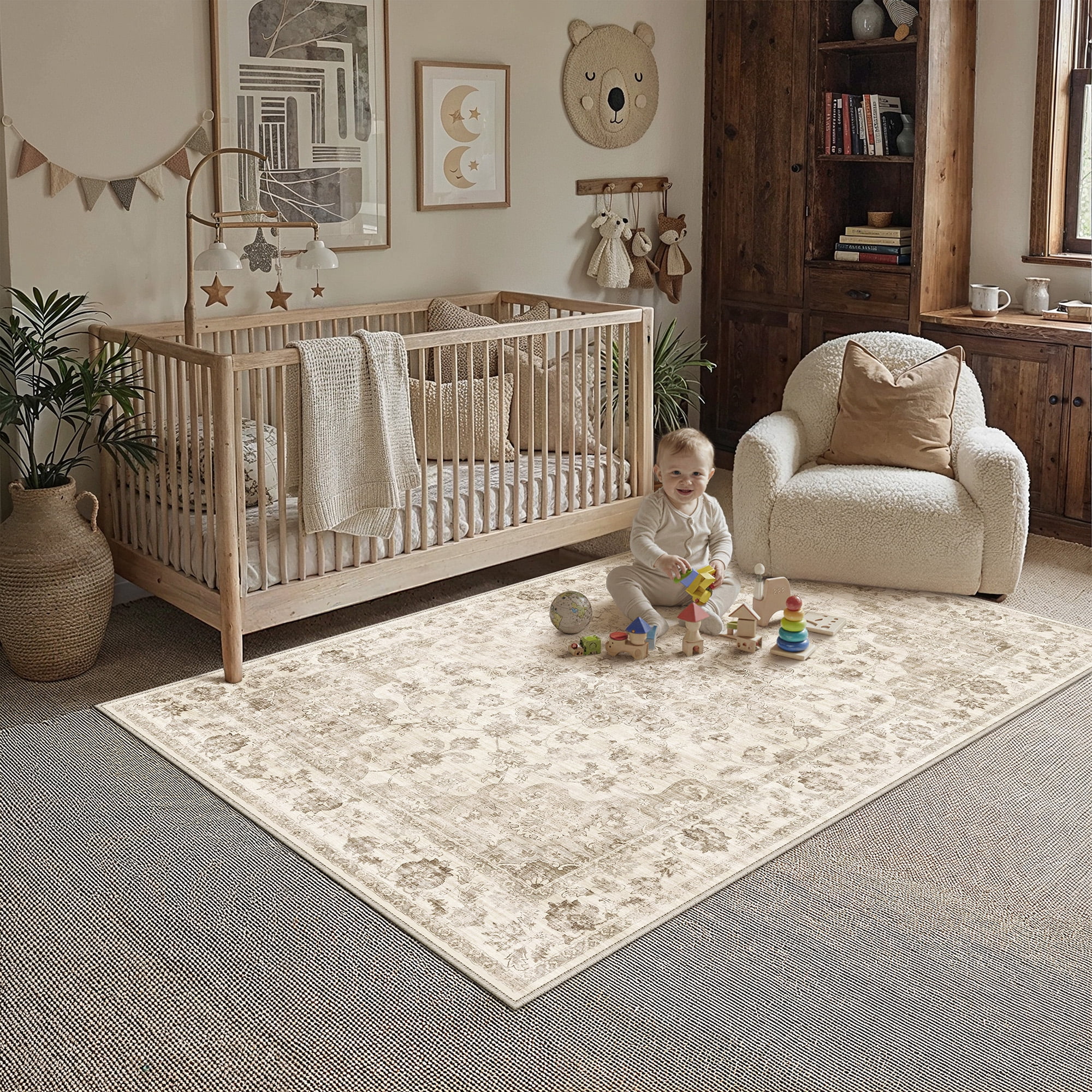 BERTHMEER Small Area Rugs 3'x5' for Bedroom Bathroom Entryway Laundry Rugs Non Slip Washable Vintage Beige Carpets Oriental Dorm Office Entrance Traditional Distressed Throw Rugs