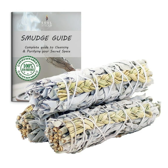 Ancient Veda White Sage with Sweetgrass Pack of 3 Bundles & Smudge Guide