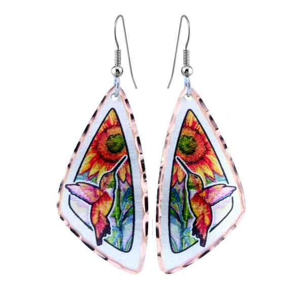 FRONT LINE JEWELRY Artisan-crafted Triangular Designs of Women's Hummingbird and Sunflower Earrings Hummingbird Jewelry Gifts