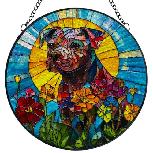 Stained Glass Suncatcher Panel Pitbull Dog in Flower Handmade Glass Wingdow Hanging Suncatcher Ornaments Crafts Kits for Memorial and Garden Indoor Decor 6.3"-3