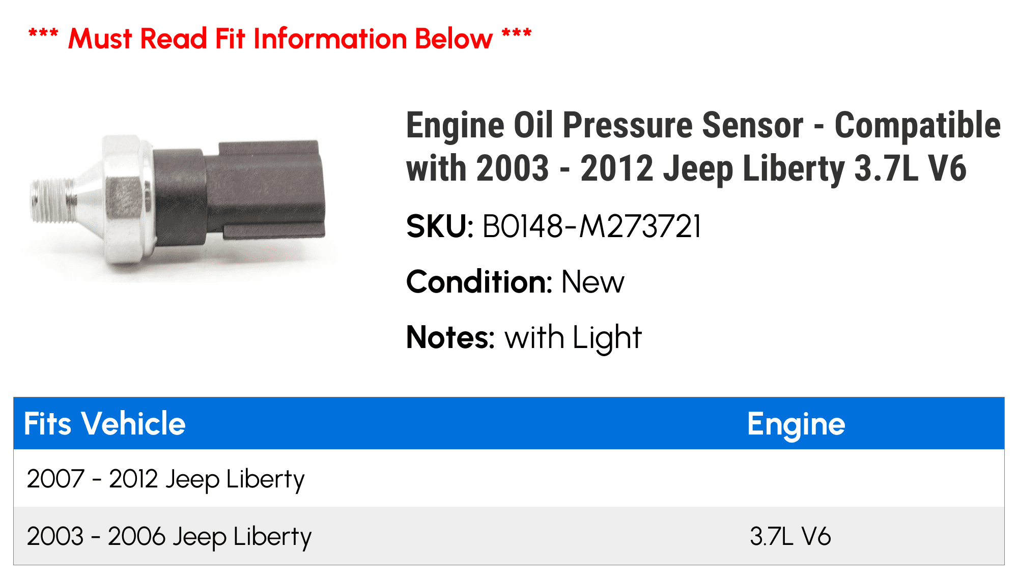 Engine Oil Pressure Sensor - Compatible with 2003 - 2012 Jeep Liberty 3.7L V6 2004 2005 2006 2007 2008 2009 2010 2011