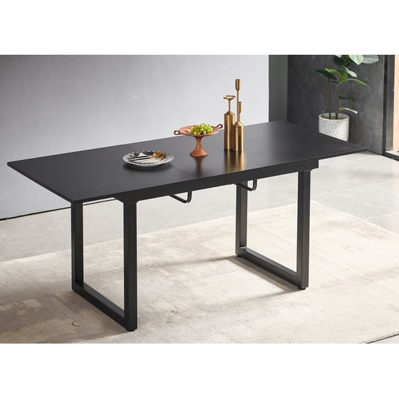 Lisonu Square Extendable Dining Table, Modern Adjustable Kitchen Table with MDF Top and Metal Legs, Space-Saving Design for Living Room, Black, 70.86" W