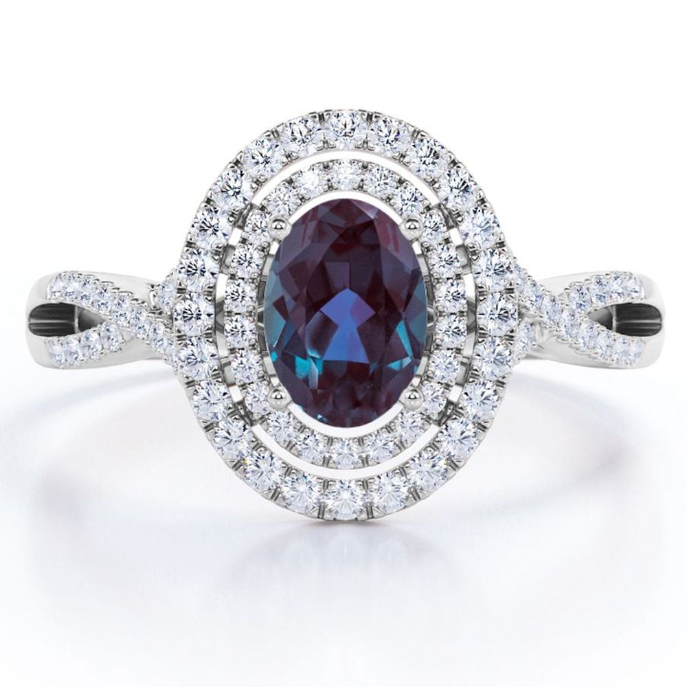 JeenMata Dual Cluster 1.5 Carat Ovate Created Alexandrite and Moissanite Pave Infinity Engagement Ring in 18K White Gold Plating over Silver