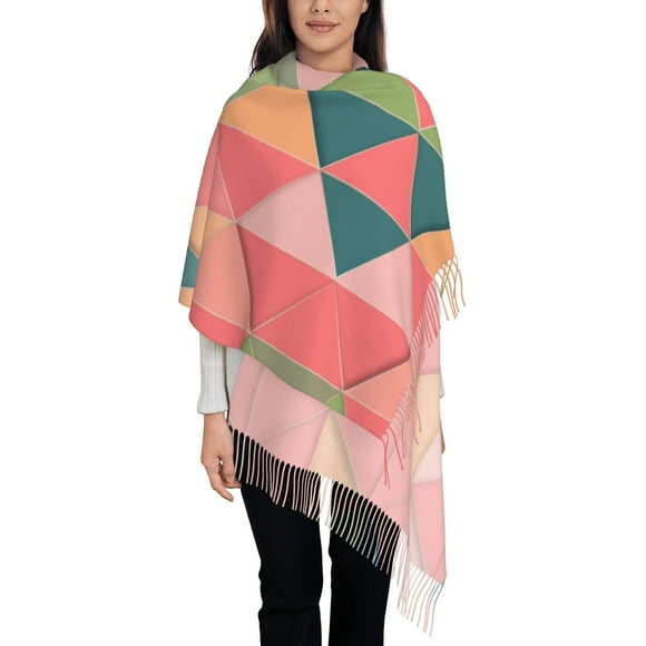 Women's Fashion Tassel Scarf, Pink Triangle Plaid Long Shawl, Lightweight and Warm