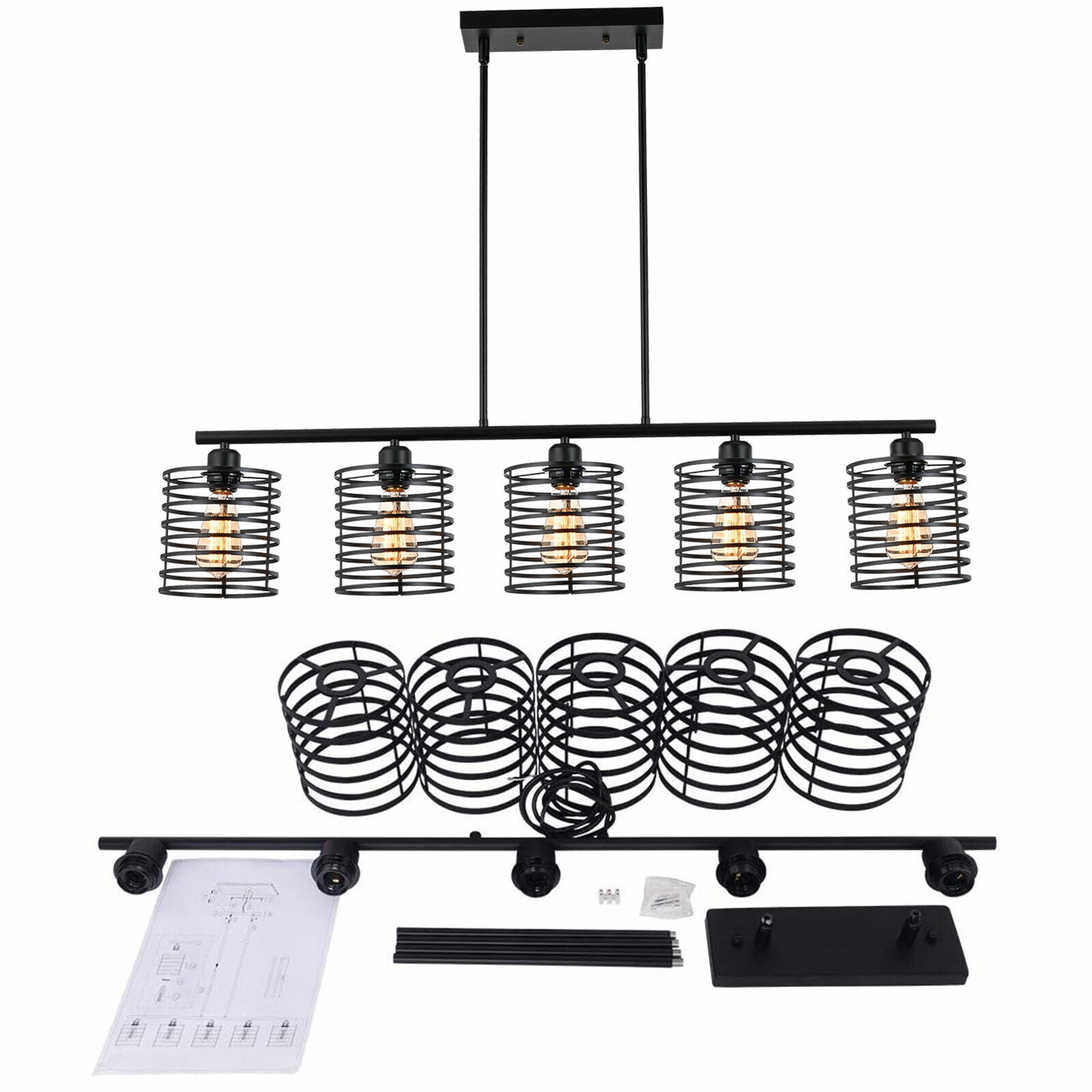 Miumaeov 5-Head Industrial Ceiling Light Dining Room Pendant Lamp Kitchen Island Hanging Fixture E26
