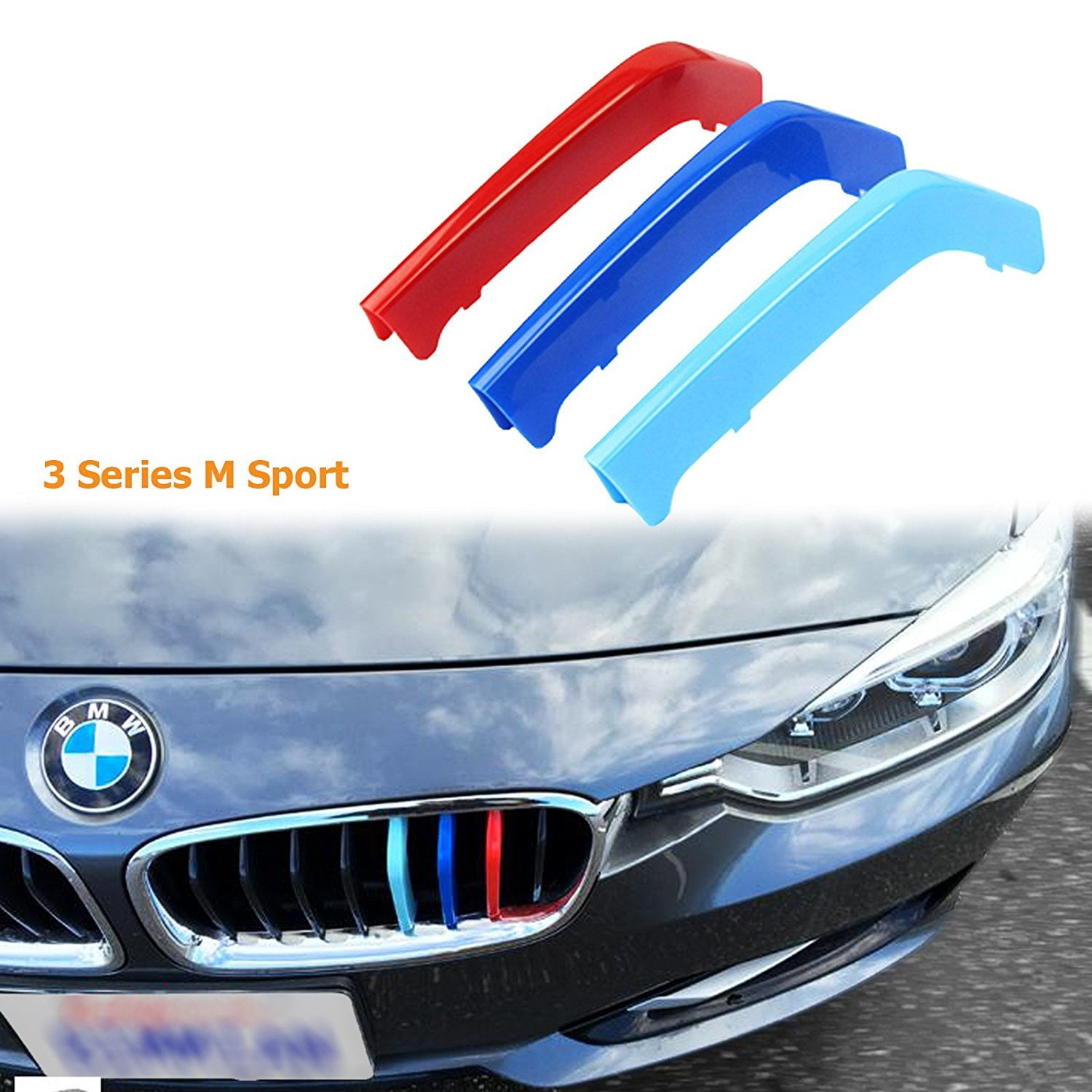 3Pcs Blue M-Color Front Grille Grill Cover Insert Trim For BMW 3 Series 2013-17 