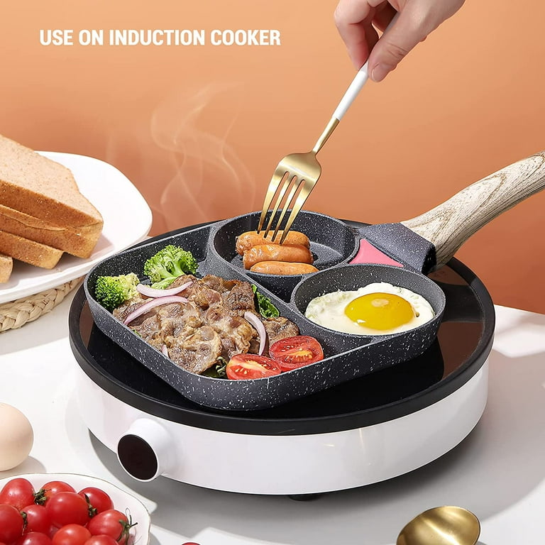 Cast Iron Frying Pan, Egg Burger Maker, 3 Section Divided Grill
