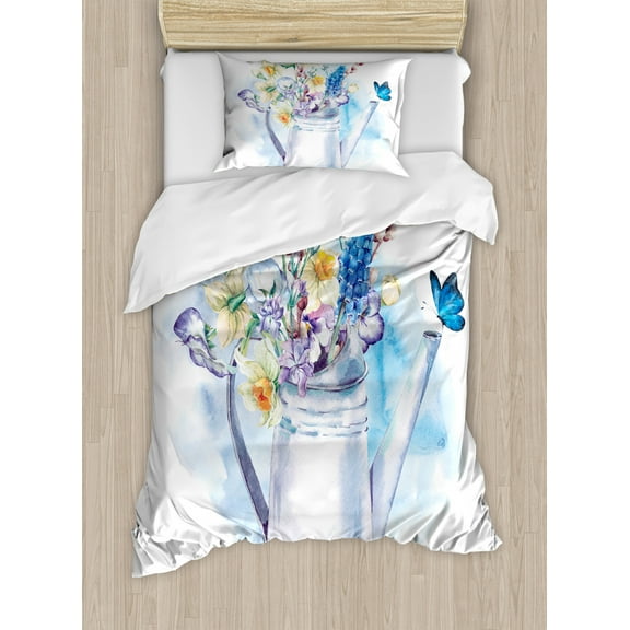 Daffodil Twin Size Duvet Cover Set, Summer Bouquet with Violets Puss-Willows and Butterflies in Old Fashion Watering Can, Decorative 2 Piece Bedding Set with 1 Pillow Sham, Multi, by Ambesonne