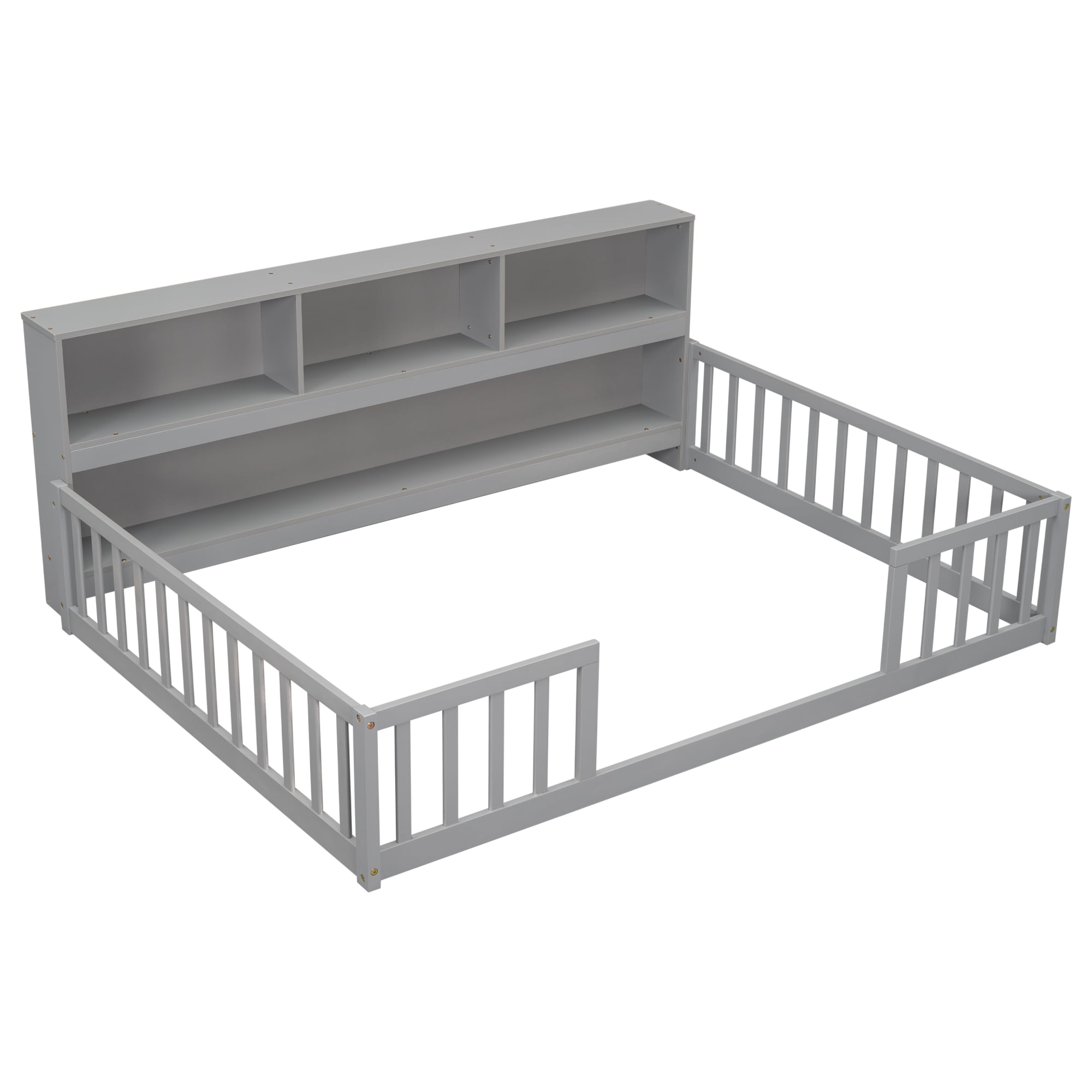 Leumius Full Floor Bed with Bedside Bookcase,Shelves,Guardrails for Boys Girls Grey