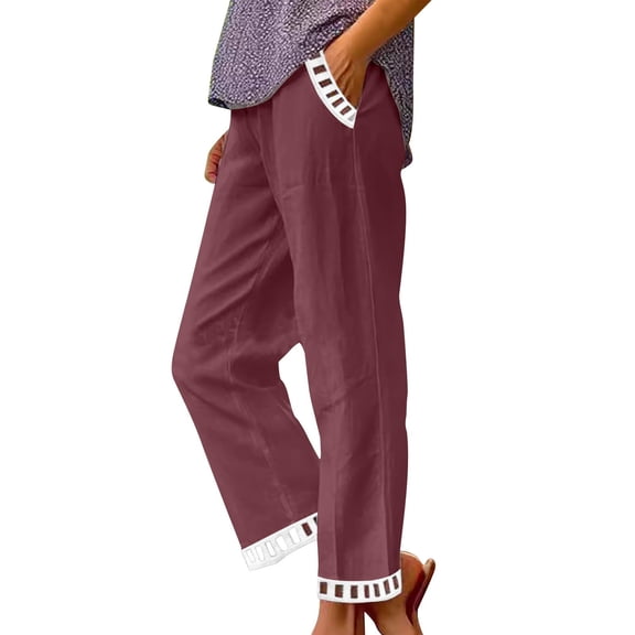 Linen Pants Women Petite Straight Leg Pants Summer Beach High Waisted Pant Vacation Wide Leg Trousers with Pockets Deep Red M