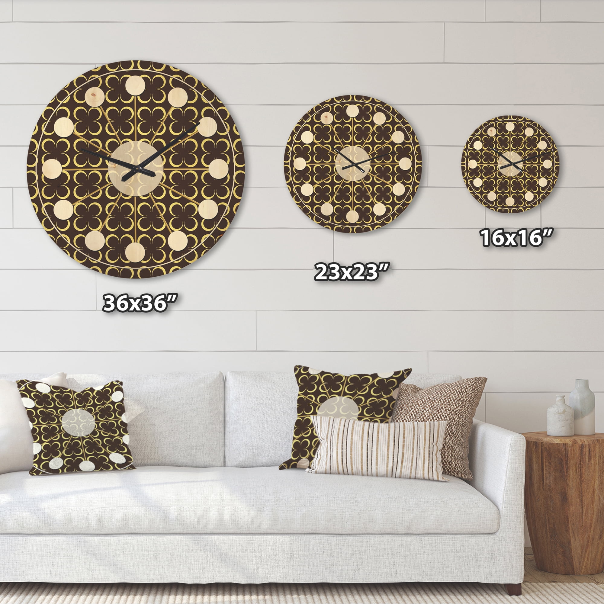Designart 'Retro Pattern Over Floral II' Mid-Century Modern Wood Wall Clock