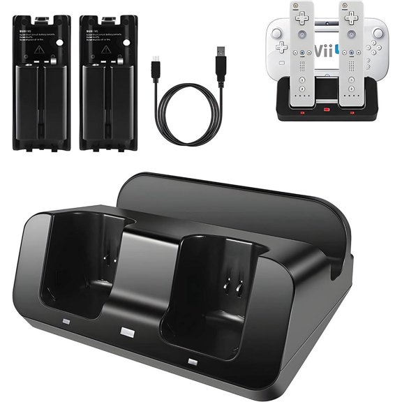 Wii U Charger Dock Station for Wii Remote & Wii U Gamepad with 2 Rechargeable Batteries Charging Cable Led Indicator