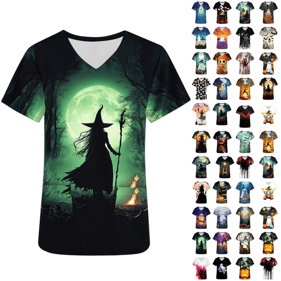 Qzwdhjm Halloween Scrub Top for Women V Neck Short Sleeve Witch Printed Scrubs Soft Comfy Plus Size Halloween Medical Uniform