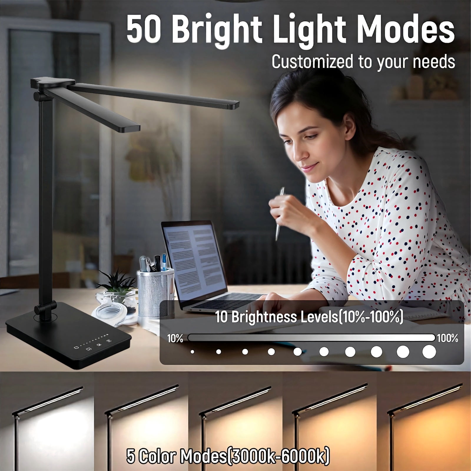 LED Desk Lamp with USB Charging Port, Dimmable 50 Lighting Modes Adjustable Foldable Dual Swing Arm Architect Energy-Efficient Task Lamp For Home Office-Black