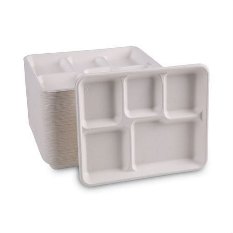 Bagasse Dinnerware, 5-Compartment Tray, 10 x 8, White, 500/Carton Bagasse Dinnerware, 5-Compartment Tray, 10 x 8, White, 500/Carton