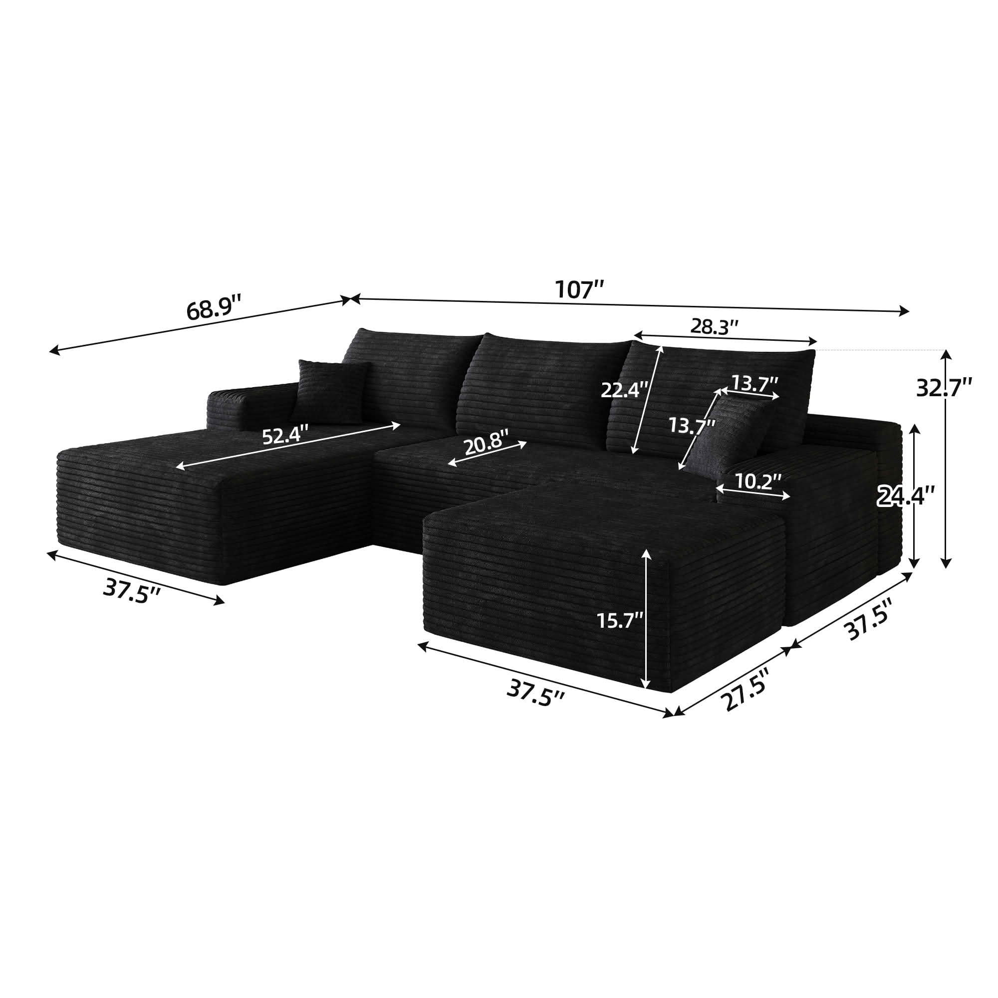 MAYEERTY 107 Inch L‑Shape Cloud Sectional Couch with Chaise, Modern Modular Deep‑Seat Sofa, Plush Corduroy Upholstered Couch, No Assembly Required for Living Room Bedroom Apartment