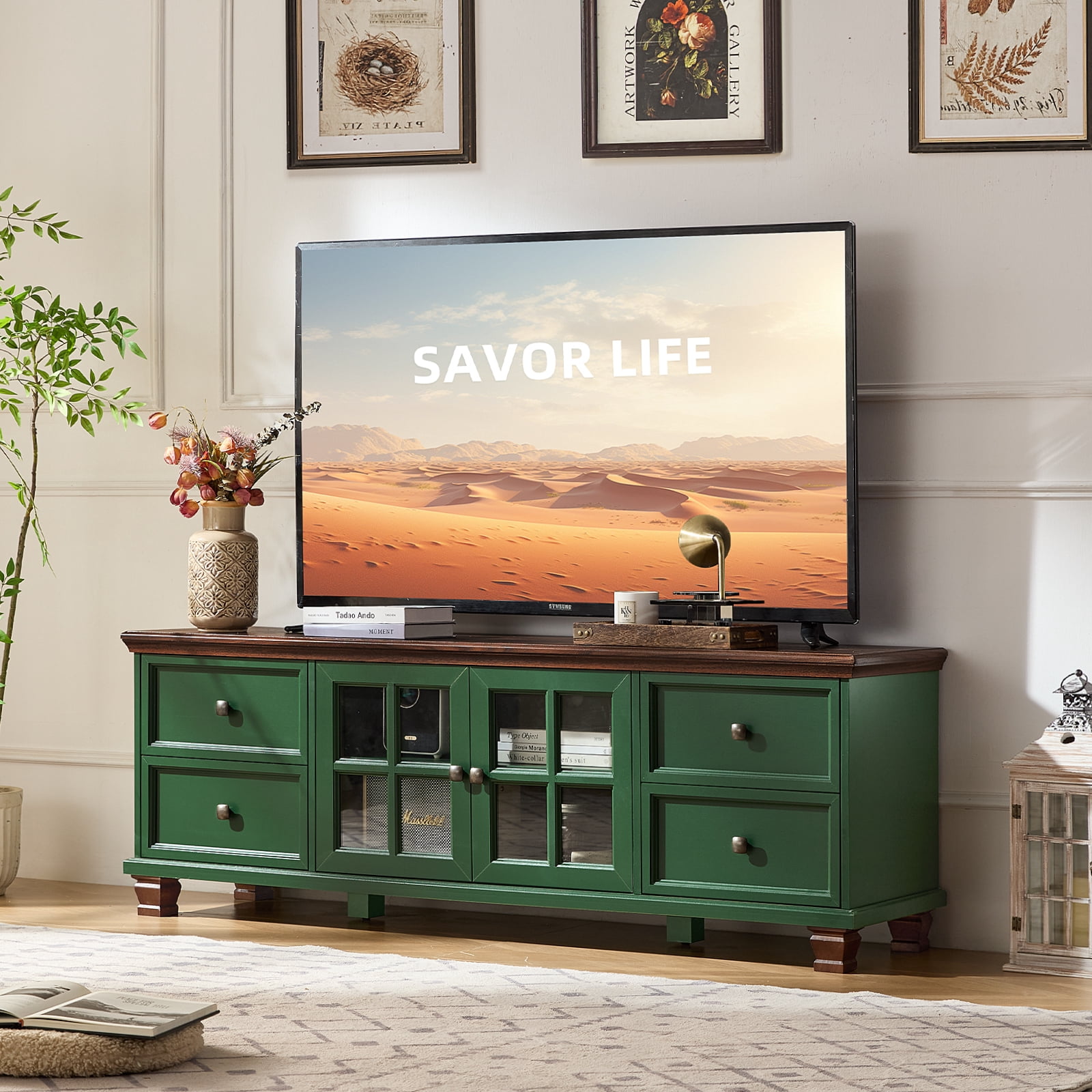 Buildhom Farmhouse TV Stand with Storage, 4-Drawer Rustic Brown Entertainment Center for Living Room, Green