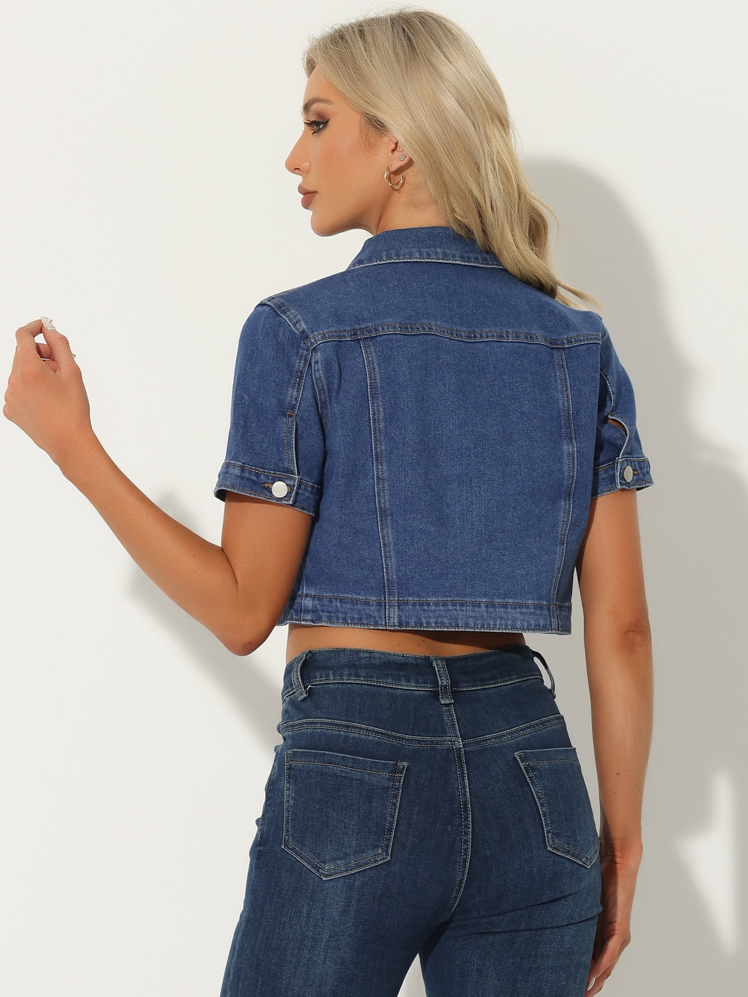 DARING DIVA Women's Summer Short Sleeves Crop Denim Jackets XS Mid-Blue
