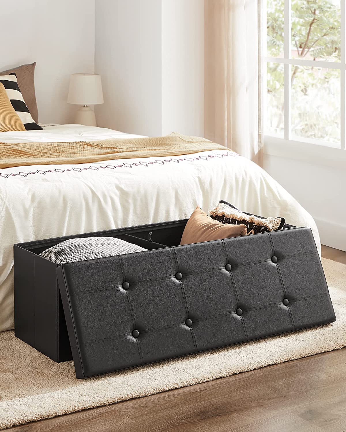 Songmics 43" Storage Ottoman Bench, Black Faux Leather photo 7