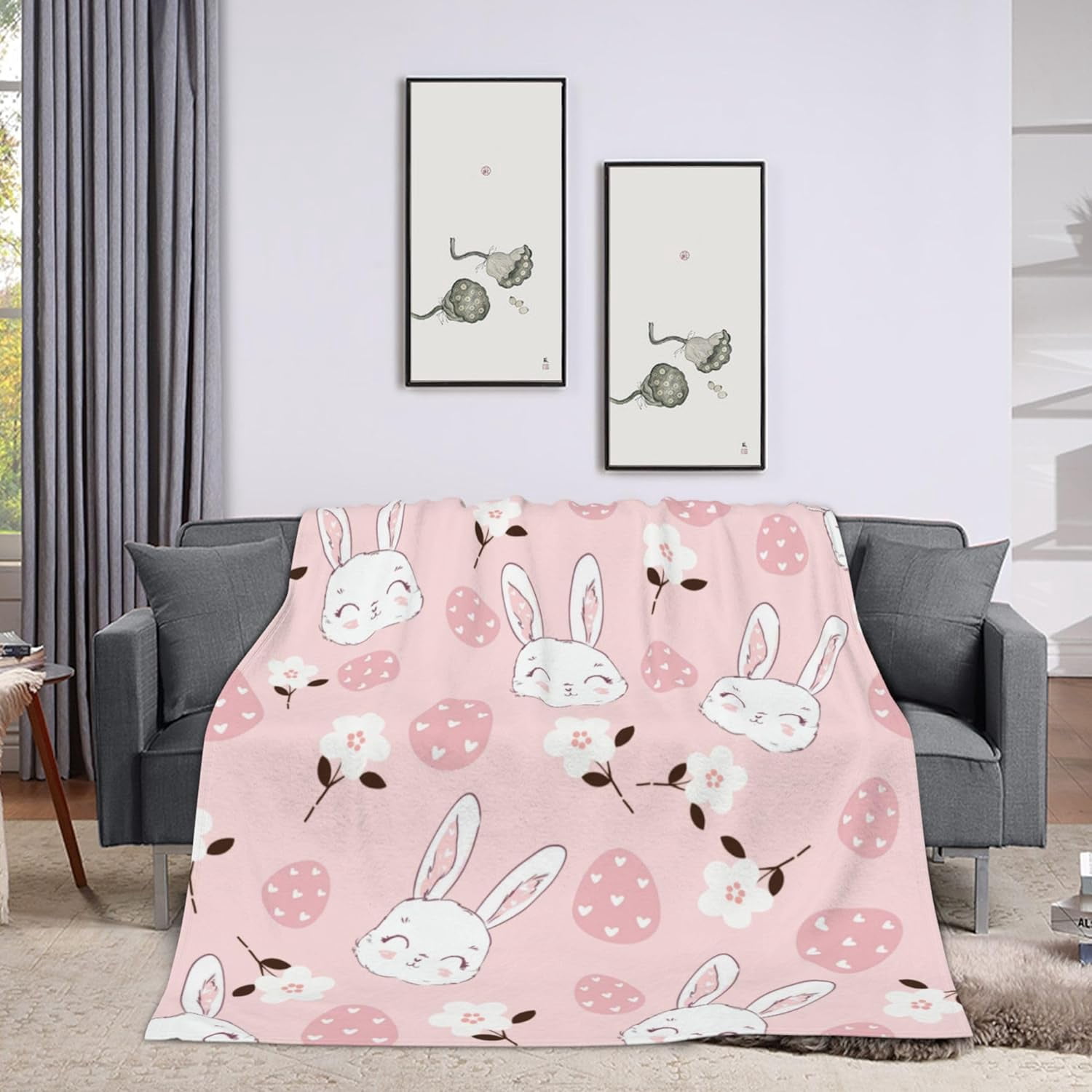 Luxury Plush Easter Blanket Cute Smiling Bunny Easter Egg Flower Pink Throw Blanket for Couch,Lightweight Soft and Warm Throws Blankets for Sofa Bed Living Room in Spring 50"X60"