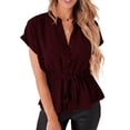 thumbnail image 1 of Blusas con botones para mujer, escote en V, dobladillo con volantes, camiseta informal de manga corta, 1 of 5