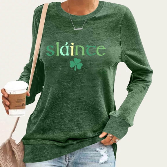 qolati St Patricks Day Shirts for Women Irish Shamrocks Clovers Graphic T-Shirt Holiday Party Casual Long Sleeve Tunic Tops Green M