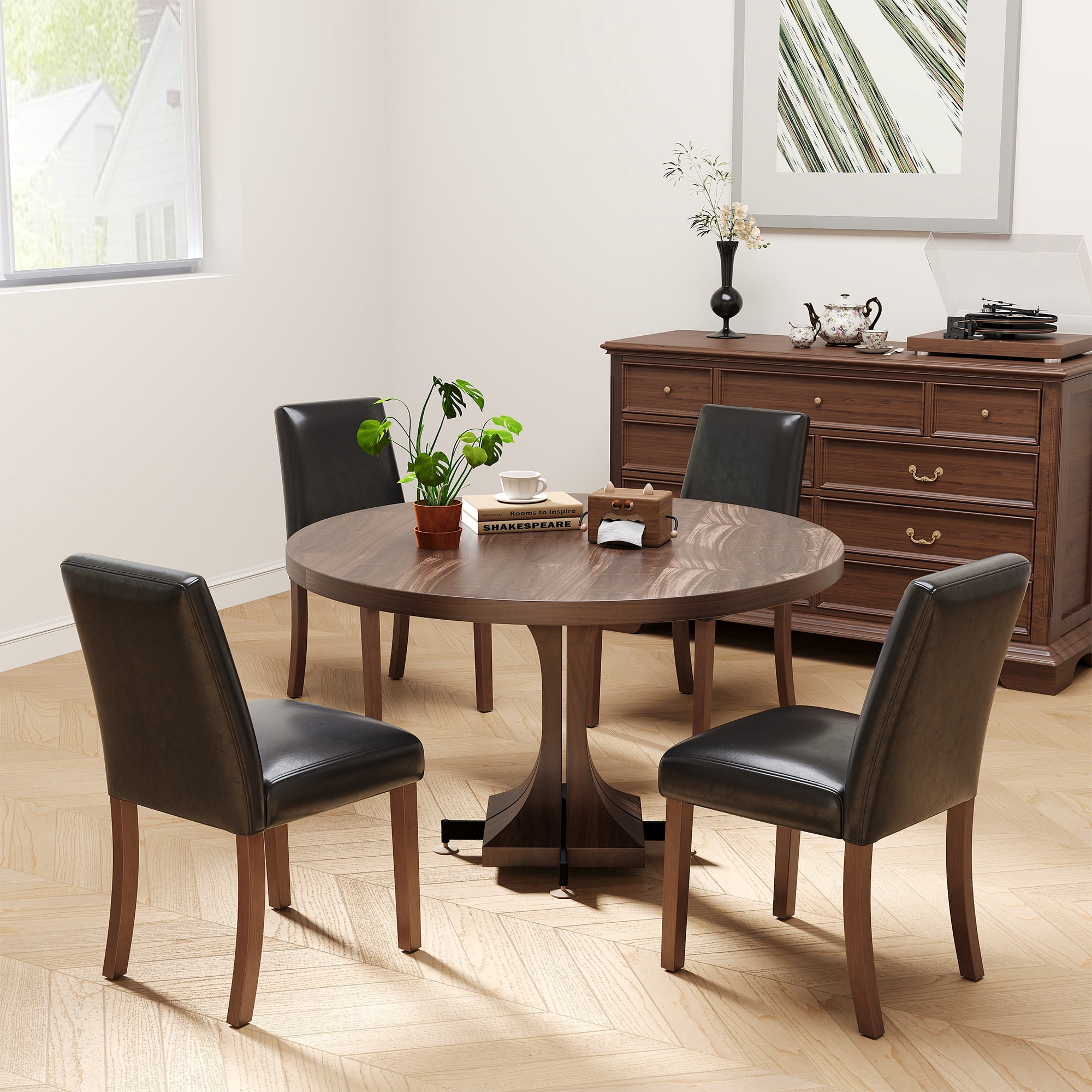 EOP Upholstered Dining Chairs Set of 4, Faux Leather Dining Side Chairs, Farmhouse Dining Room Chairs, Stylish Kitchen Chairs with Solid Wood Legs and Padded Seat, Black