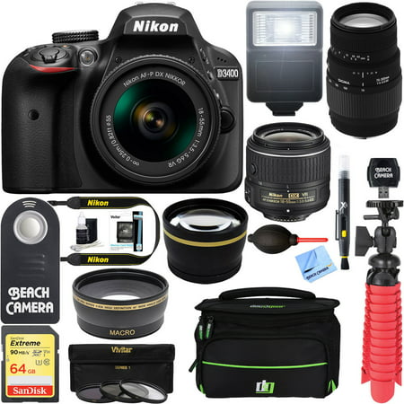 Nikon D3400 24.2 MP DSLR Camera + (18-55mm VR Nikon & 70-300mm SLD DG Sigma Lens Package, Black) + Bundle 64GB SDXC Memory + Photo Bag+Wide Angle Lens + 2x Telephoto+Flash + Remote + Tripod +