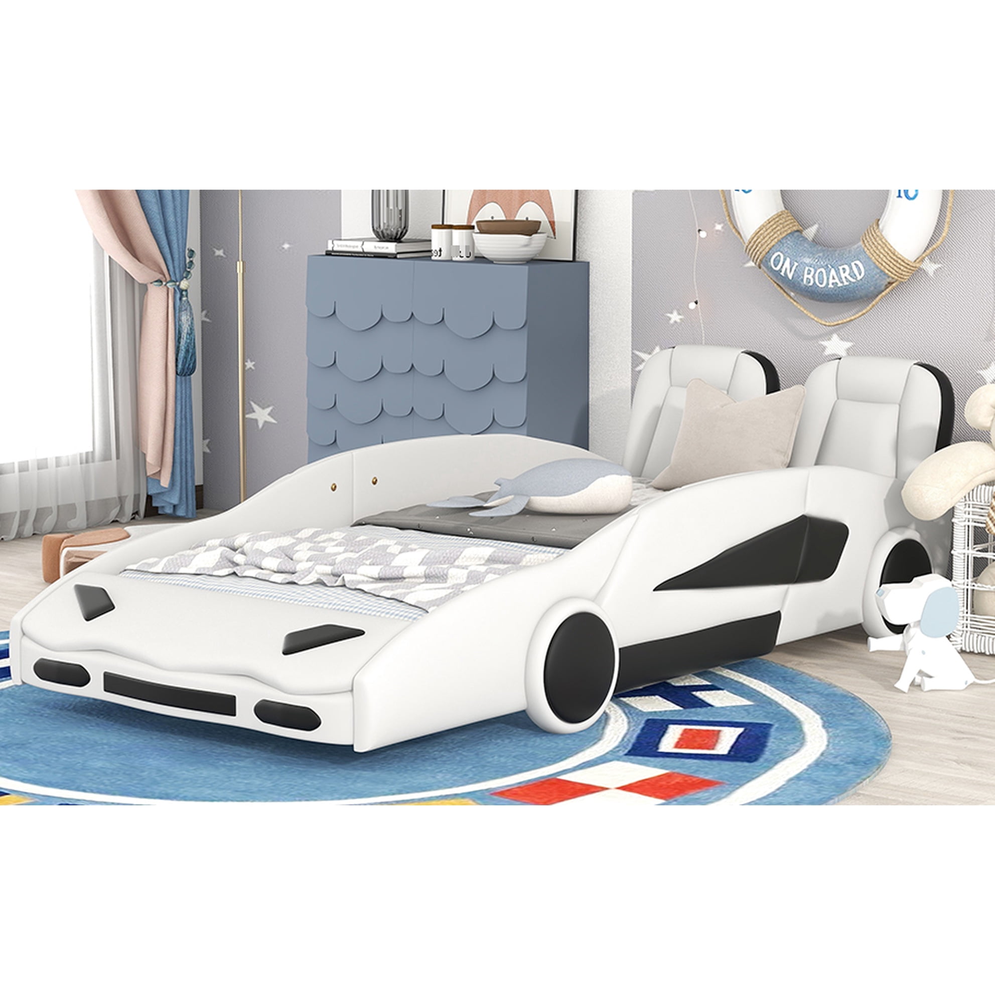 Twin Size Race Car Bed With Wheels, White - And Fashionable Shape Rolling Feature Wheels Guardrails Protected Bedroom Choice